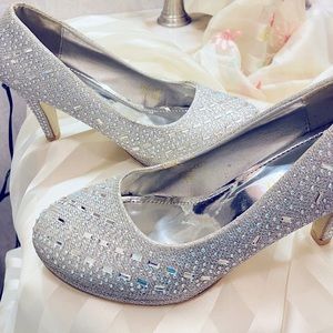 Silver Sparkly Rhinestone Glitter Diamond slip on sparkling heels.